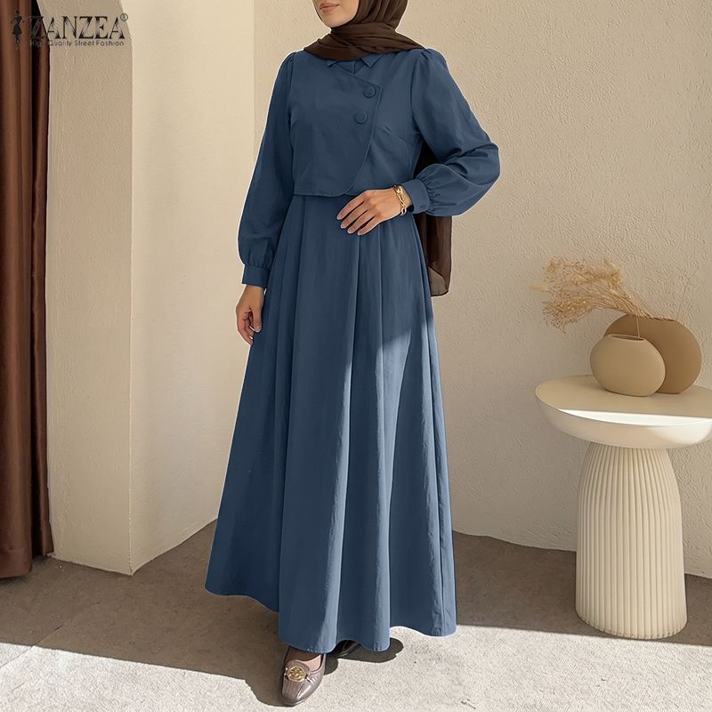 ZANZEA Women Casual Turn Down Collar Solid Color Long Sleeve Muslim Dress
