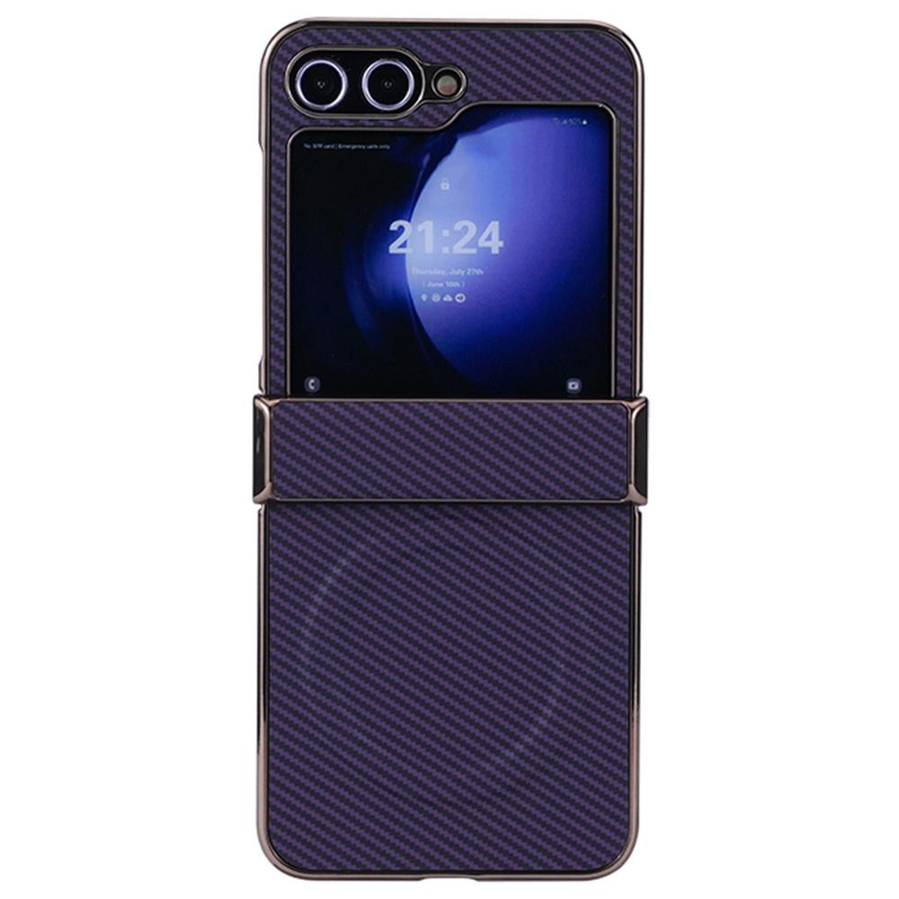 

For Samsung Galaxy Z Flip5 5G Magnetic Case Hinge Protection Carbon Fiber Texture Leather+PC Electroplating Phone Cover Dark Purple
