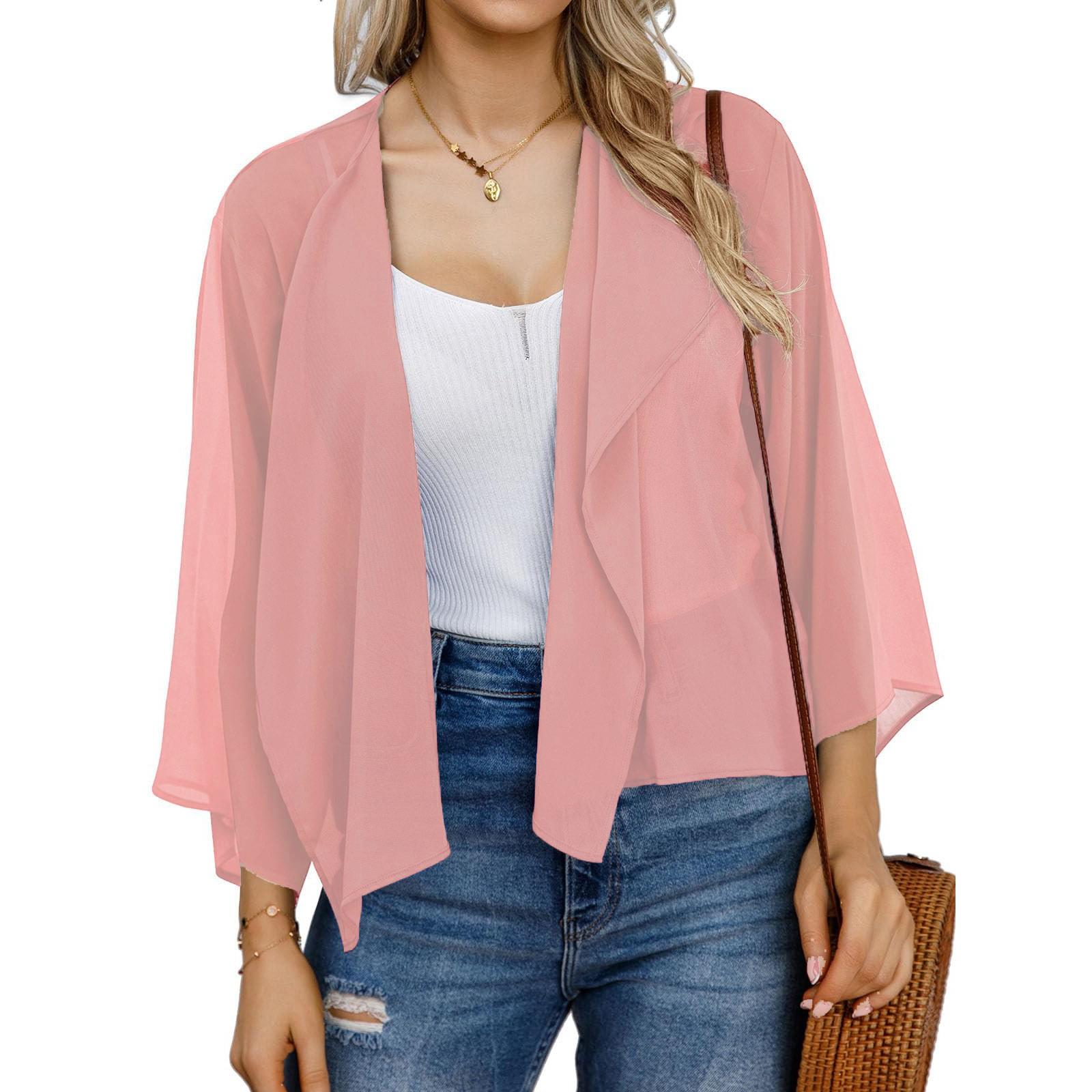 

Женский короткий кардиган из шифона свободного кроя с рукавами-клеш однотонный солнцезащитный топ M