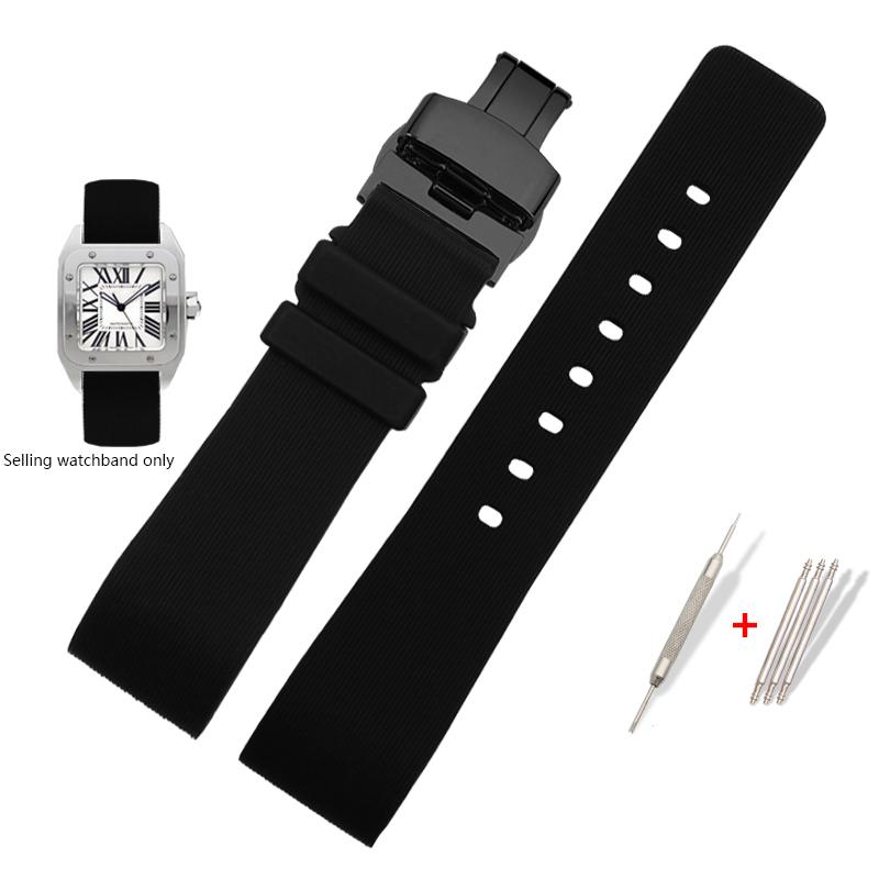 Watch Strap for Cartier Sandoz Santos 100 W20073X8 W20106X8 W2020008 Silicone Rubber Bracelet Men Women Black Belt 20 23 25mm