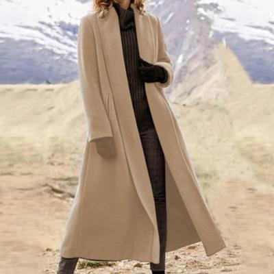 Women Winter Overcoat Open Stitch Turn-down Collar Long Sleeves Windbreaker Loose Cardigan Calf Length Outdoor Woolen Coat