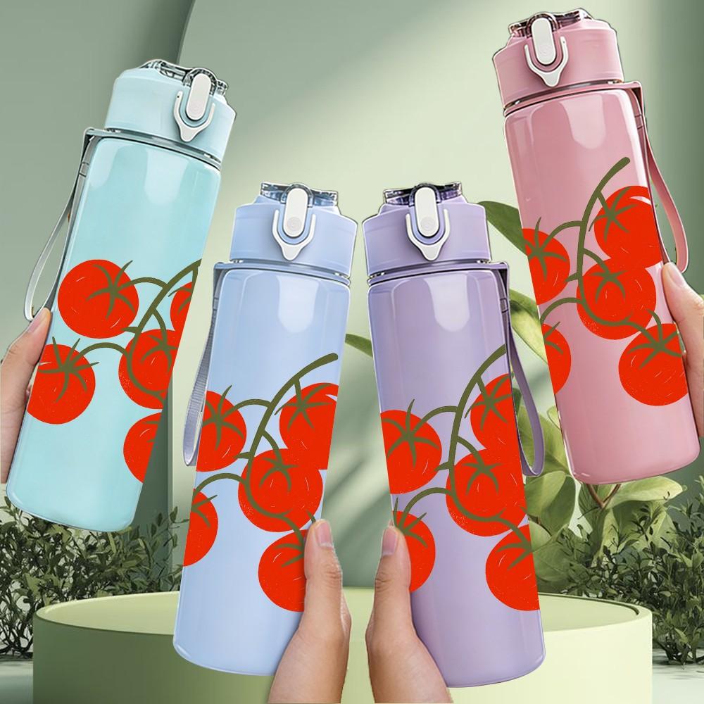 1PC Cluster Red Tomato Fruit Print 750ml Color Plastic Sports Water Bottle Leakproof Flip Straw Lid For Sports Office Home Use