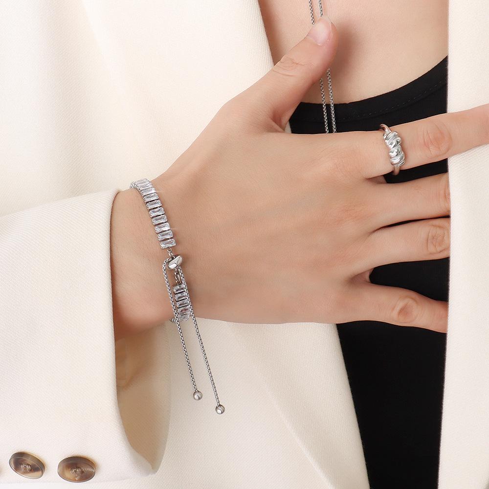 French Gypsy Full Diamond Zircon Design Titanium Steel 18K Real Gold Necklace Pull-Up Bracelet Jewelry Set