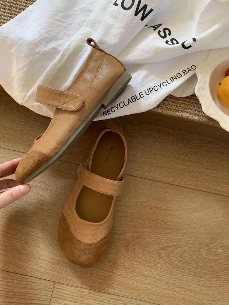 Soft leather Mary Jane single shoes women's 2025 summer new flat-soled soft-soled Velcro fashion versatile casual shoes