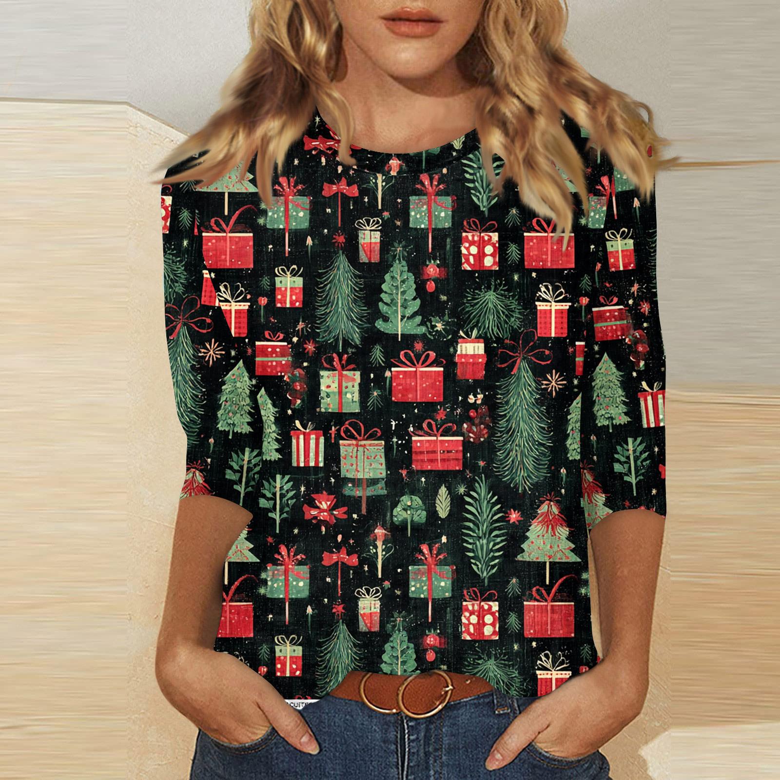 Women s Fashionable Casual Three Quarter Sleeve Printed Round Neck Top L