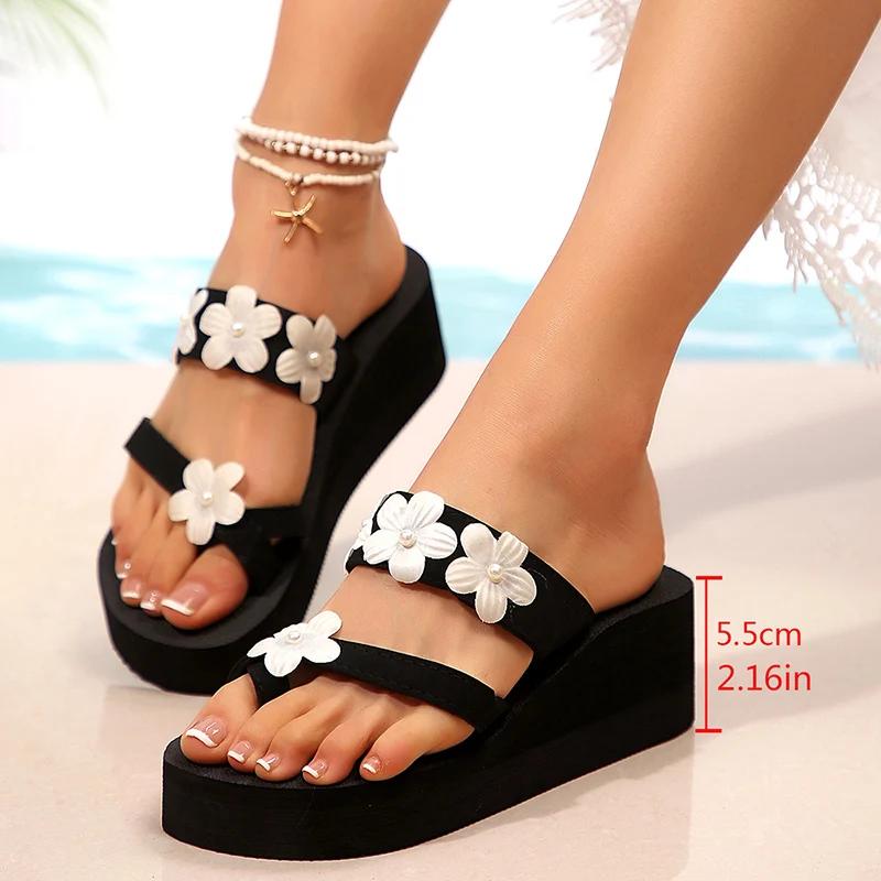 Fashion Flower Decor Clip Toe Flip Flops Women Pearl Decor Platform Latest Woman Slippers Summer Outdoor Non Slip Vacation Slides Mujer