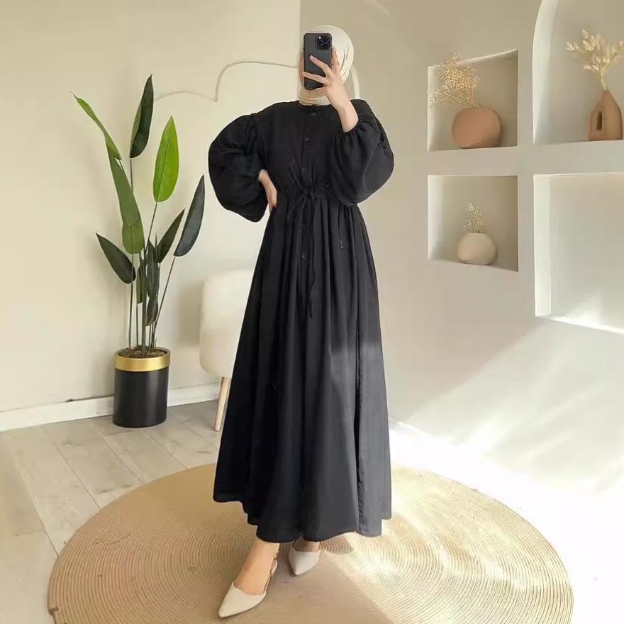 Vestido Largo de Otoño para Mujer Estilo Hepburn Corte A con Cinturón y Cuello Redondo