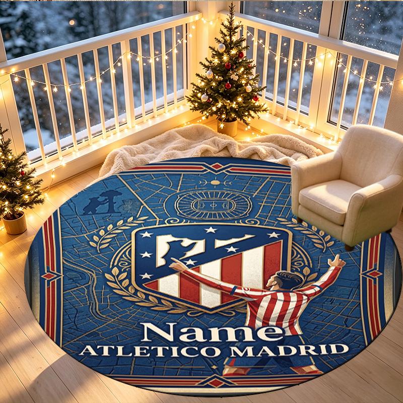 Tapis rond personnalisé avec nom imprimé Atletico Madrid, Tapis polyvalent pour la décoration de la maison, pour salle de jeux, appartement, balcon, entrée, couloir Cadeau