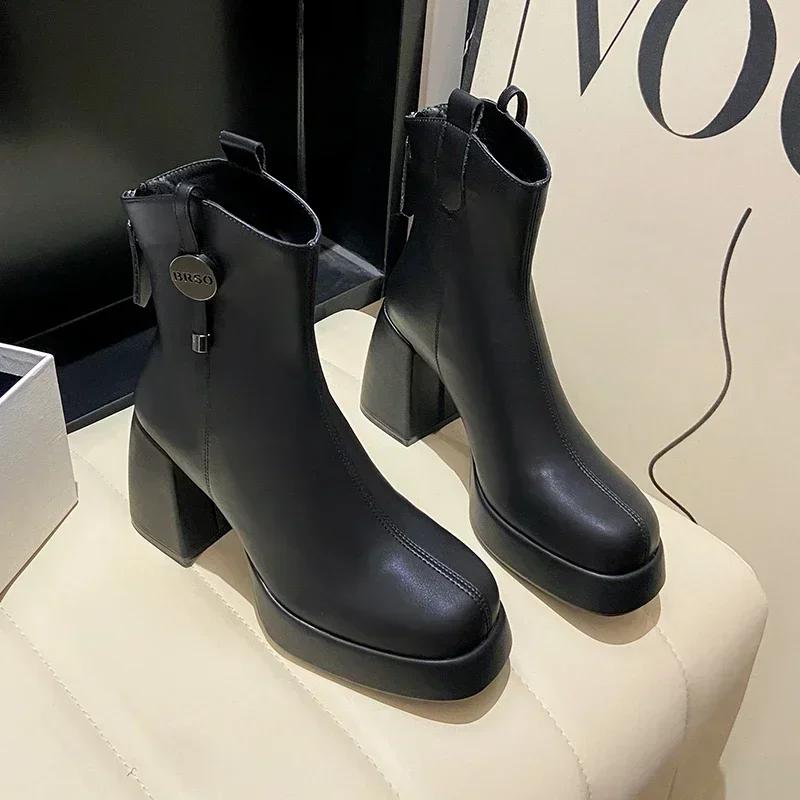 Fashion High Heels Women Ankle Boots Square Toe Fashion Leather Shoes Winter 2024 Trend Designer Goth Chunky Luxury Snow Botas Mujer