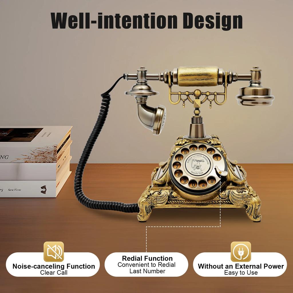 Retro Landline Telephone with Dial, Cable Retro Telephone Vintage Telephone Decorative Home Office Telephone Antique Phone