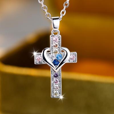 Glänzende Silberfarbe Multicolor Zirkon Herz Kreuz Anhänger Halskette für Frauen Hochzeit Schmuck Geschenk