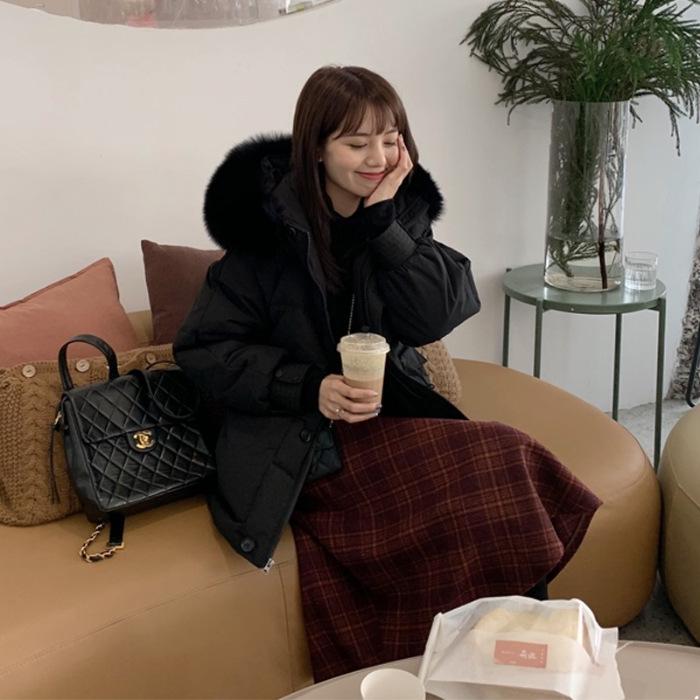 

Wool Plaid High Waist A-line Midi Skirt for Women - Autumn/Winter Small