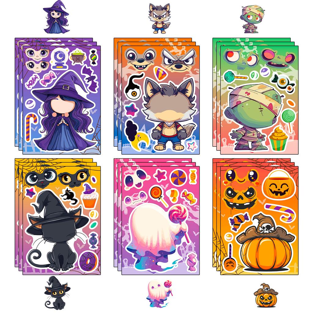 6 Pcs Halloween Sticker Sheets, Costume Face Mix & Match Decals for Journals, Party Favors, DIY Carnival Games for Kids Gifts