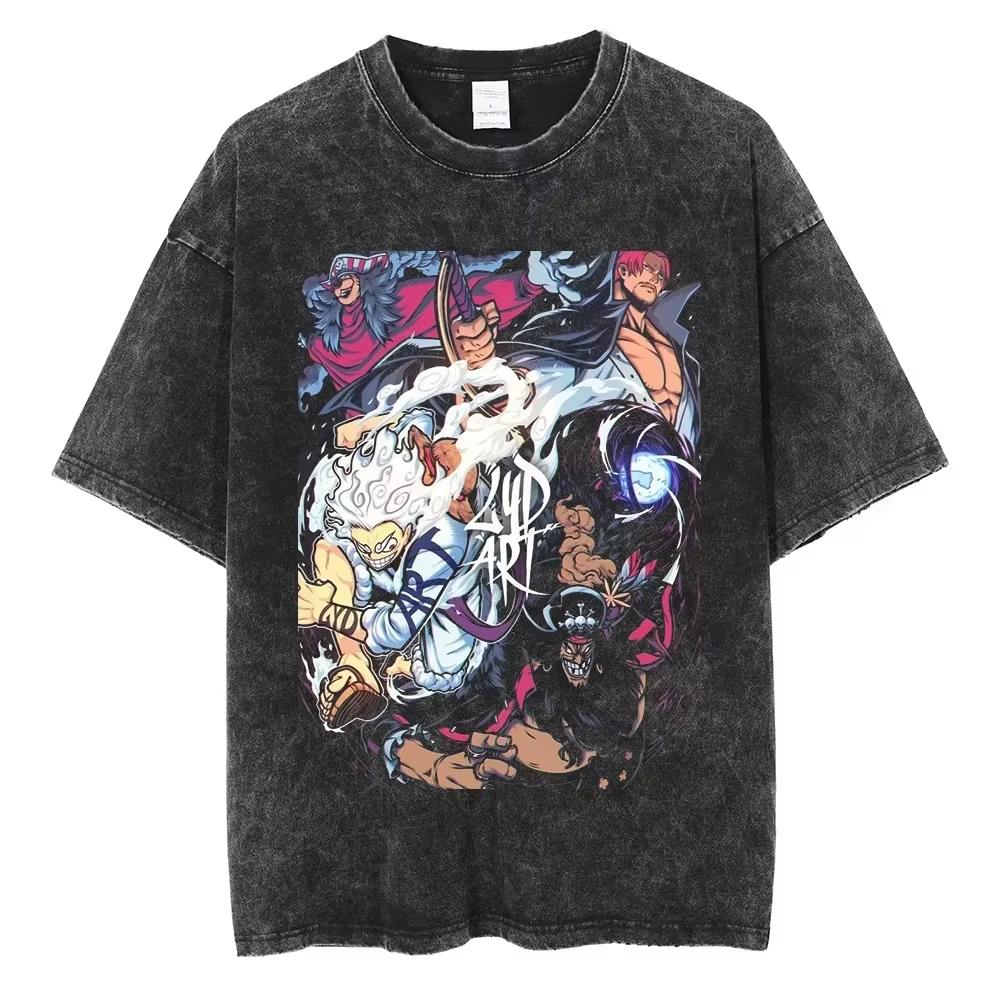 Nika Luffy Gear  ONE PIECE Anime Harajuku Retro Washed Tshirt  Cotton Men Streetwear Women Short Sleeves Unisex Top