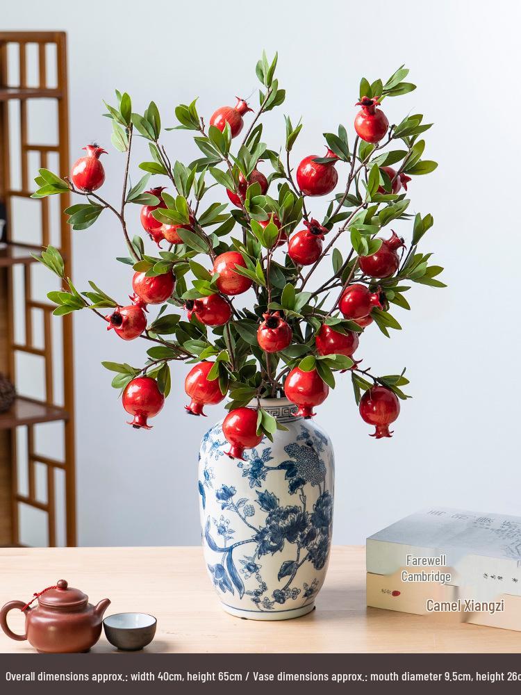 High-End Artificial Pomegranate Flower & Fruit Tree Branch Arrangement for Living Room or Dining Table Decor.