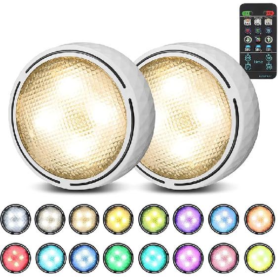 Battery Operated Puck Lights with Remote LED Under Cabinet Lighting Wireless Stick on Lights Color Changing Timer Tap Lights for Cabinets Shelves