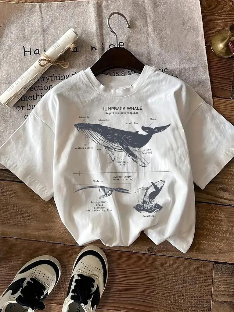 Letnie koszulki graficzne Harajuku Topy Y2k Nadruk Anatomia Wieloryba Garbatego Koszulka Unisex Oversize Streetwear Vintage Koszulka Odzież