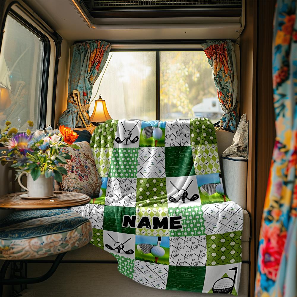 Golf Themed Patchwork Design With Balls And Clubs Blanketcustomize Your Name Lightweight Comfortable And Stylish Blanket For Travel Bed Home Chair