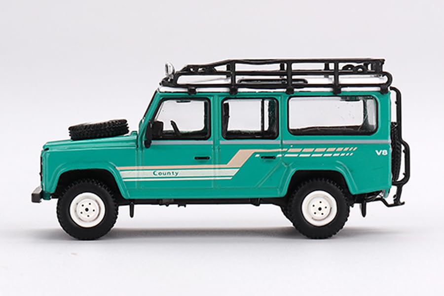 TrueScale Miniatures MINI GT Scale Land Rover Defender 110 County Station Tritend Finished Model 1/64 Wagon, Green, Right-Hand Drive,