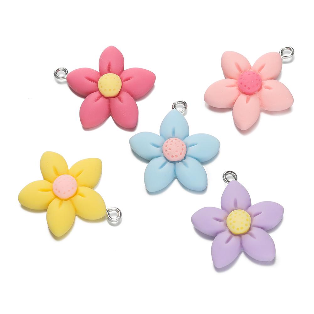 5Pcs/Lot 23.5*26.5mm Colorful Resin Five-Petal Flower Loose Charm Pendants for Necklace DIY Craft Jewelry Making Accessories