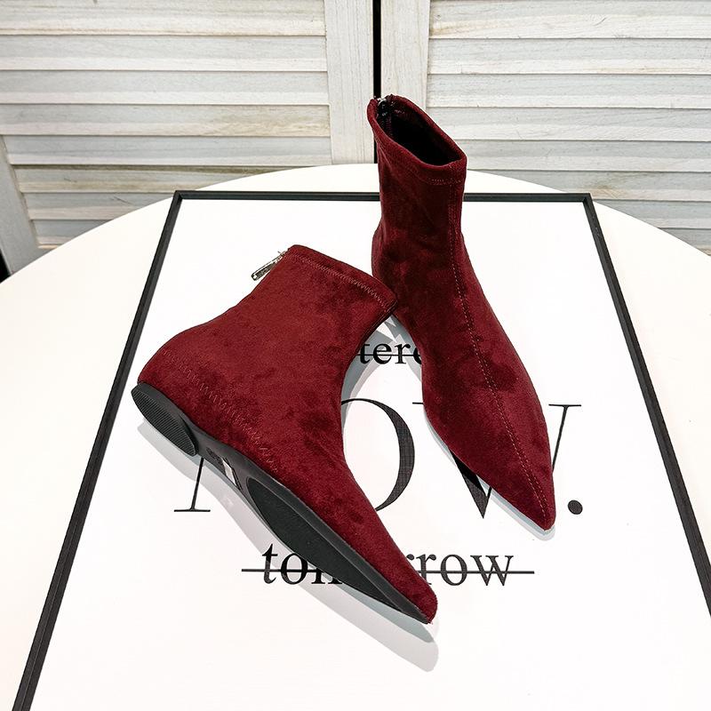 

Korean version of temperament wedge small short boots women s pointed thin boots burgundy suede elastic boots 40