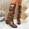 2026 Women's Fashion Pleated Boots Brown Knee-High Modern Black Long Boots Mid Heel Botas Mujer Size 36-43 Zapatos De Mujer