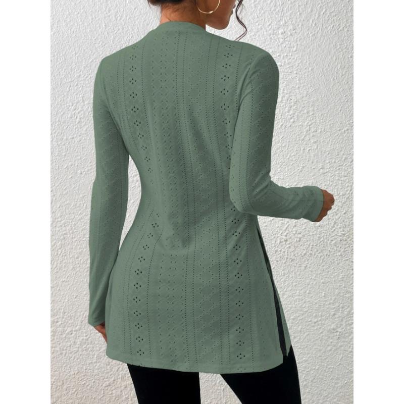 Blusa Lunga da Donna Jacquard Pizzo Spacco Casual Primavera Manica Lunga Slim Fit Camicie Monocolore Girocollo Elegante Moda Casual Ufficio Top Semplici Lavorazione a Rete