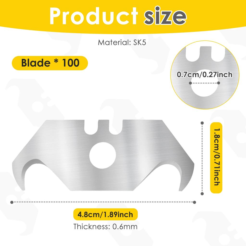 100Pcs SK5 Hooked Trimming Knife Blade Heavy Duty Utility Hook Blade Hooked Razor Accessory for Cable and Wire Stripping PVC