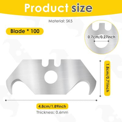 100Pcs SK5 Hooked Trimming Knife Blade Heavy Duty Utility Hook Blade Hooked Razor Accessory for Cable and Wire Stripping PVC