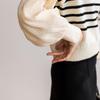 Women's Off-White Retro Patchwork Chiffon Striped Knit Sweater Shirt, One Size, Black, Korean Niche Design.
