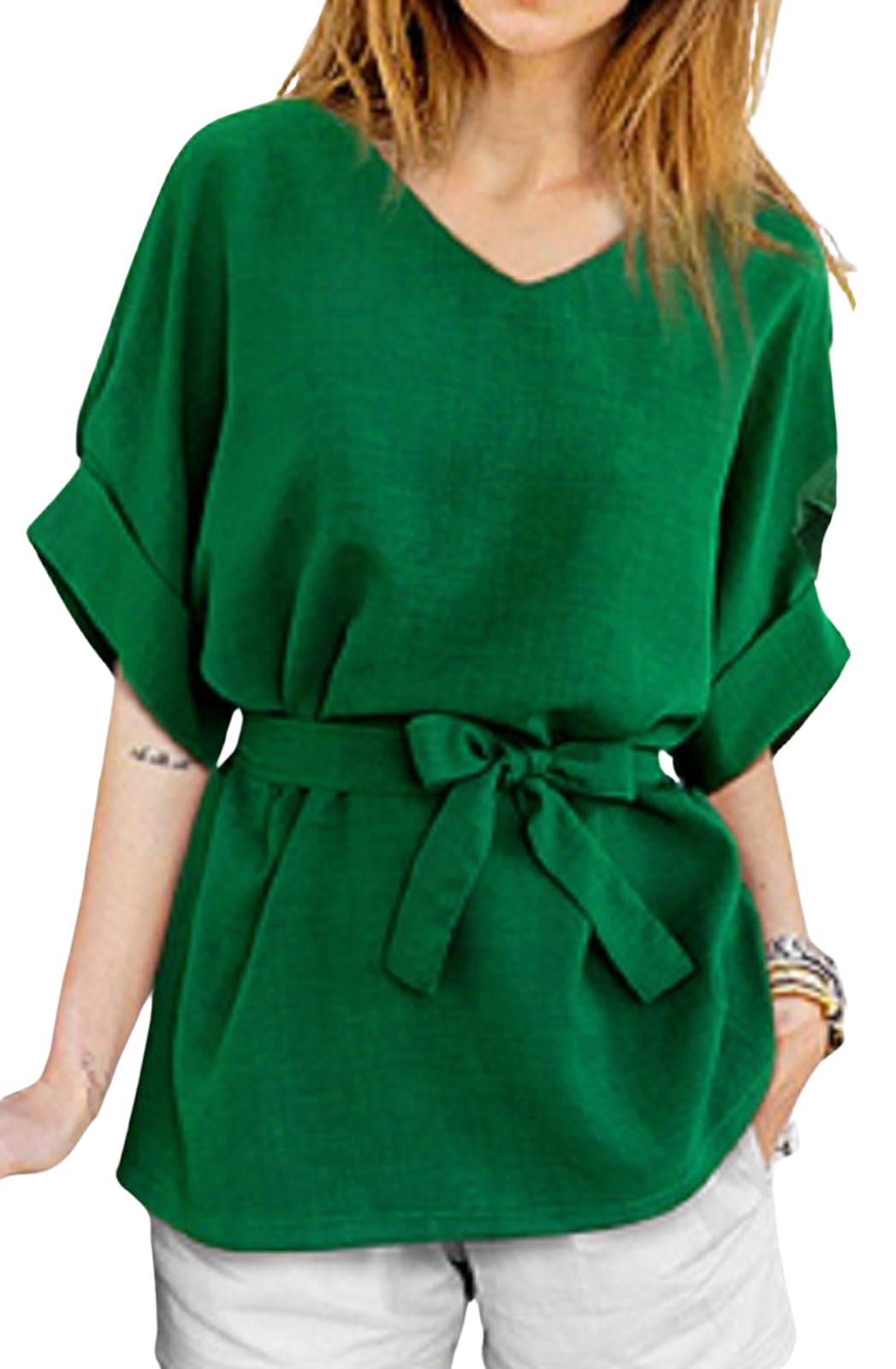 

Блузка с короткой туникой раннего кроя [Maison TAO] лента, V-образный вырез, рукав, топ, весна, лето, осень, офис, формальный, прикрывающий, женский (зеленый, L) зелёный