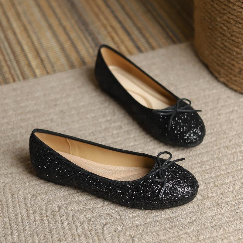 Fashion 41-43 Big Size Bowtie flat shoes woman round toe crystal glitter slip on loafers soft bottom bow ballet flats ladies OL shoes