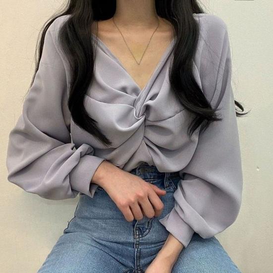 Women Shirt V-Neck Lantern Long Sleeve Pullover Tops Solid Color Knotted Design Regular Fit Tops