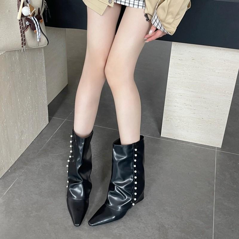 Tai Cool Fried Street Pant Pants Boots Are Popular This Year, Pearl White Pointed Wedges But Mid-knee Boots