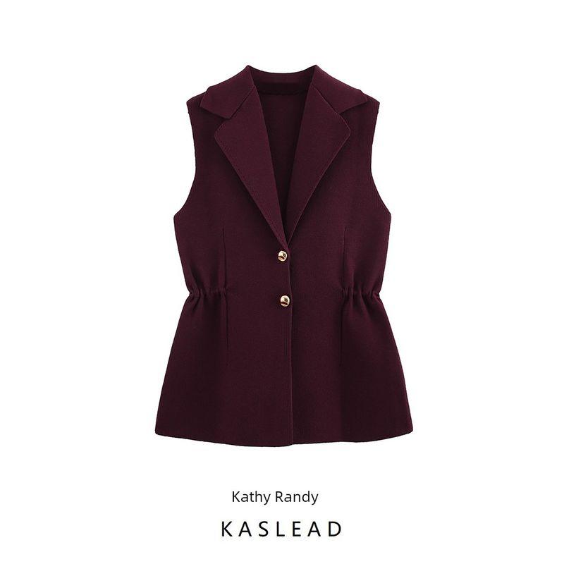 Kaslead New Arrival Women's Clothing Fashion Style Ruched Lapel Sleeveless Knitting Vest Jacket 4192023 610