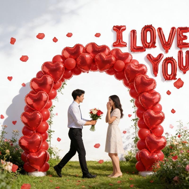 I Love You Heart Balloons With Fake Rose Petals Aluminum Foil Balloon For Valentines Day Wedding Anniversary Romantic Decoration