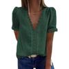 Women Summer Lace V-neck Chiffon Blouse Solid Color Embroidered Short Sleeve Top with Lining