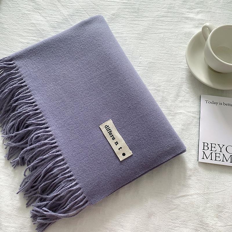 Flowing Fringe, Color-blocked, Simple Design, Faux Cashmere-like Scarf, Winter-thick, Cape-style, Student-friendly, Solid Color.