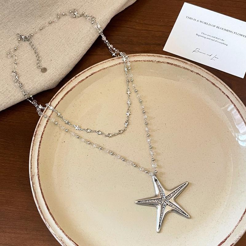 Starfish Beaded Pendant Double Layer Necklace Long Sweet Edgy Stacking Accessory Women's Versatile Gift Daily Accessory