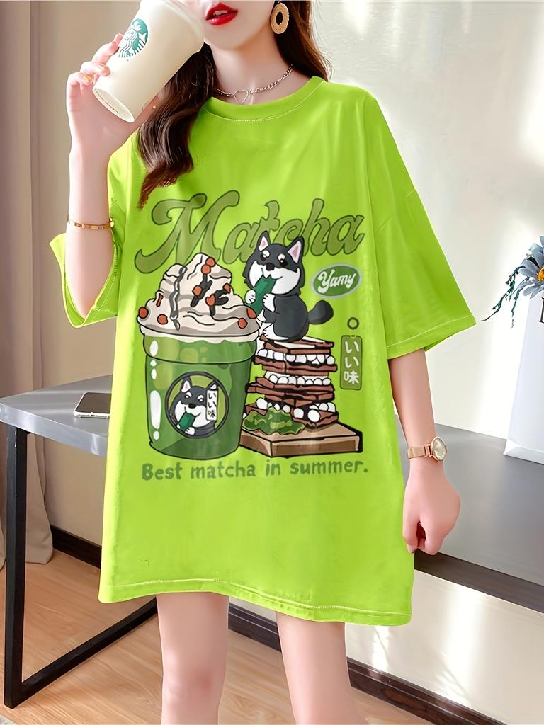 Matcha Cute Dog Women's Tee - Cartoon Summer Drink Graphic Green Top