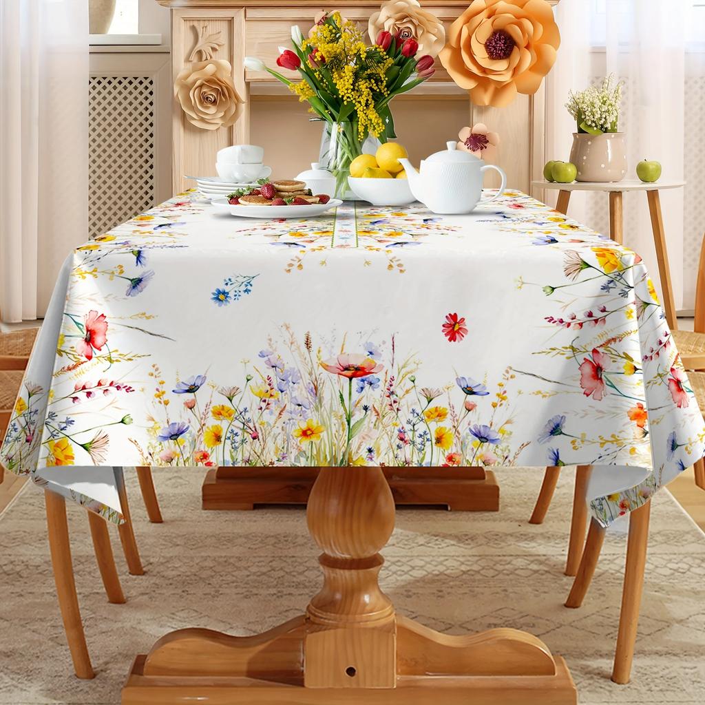 Rectangular Spring Watercolor Floral Tablecloth Machine Polyester Table Cover with Vibrant Flowers,Fits Standard Dining