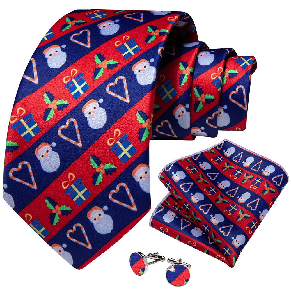 Dibangu Christmas Men's Tie Set Red Green Santa Claus Animal Tree Silk Juaquard Hanky Cufflinks Set Gift for Men