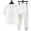 Summer Men's Youth Set Short Sleeve Long Pants Two Piece Breathable Casual Fashion Ice Cool Waffle Sportswear