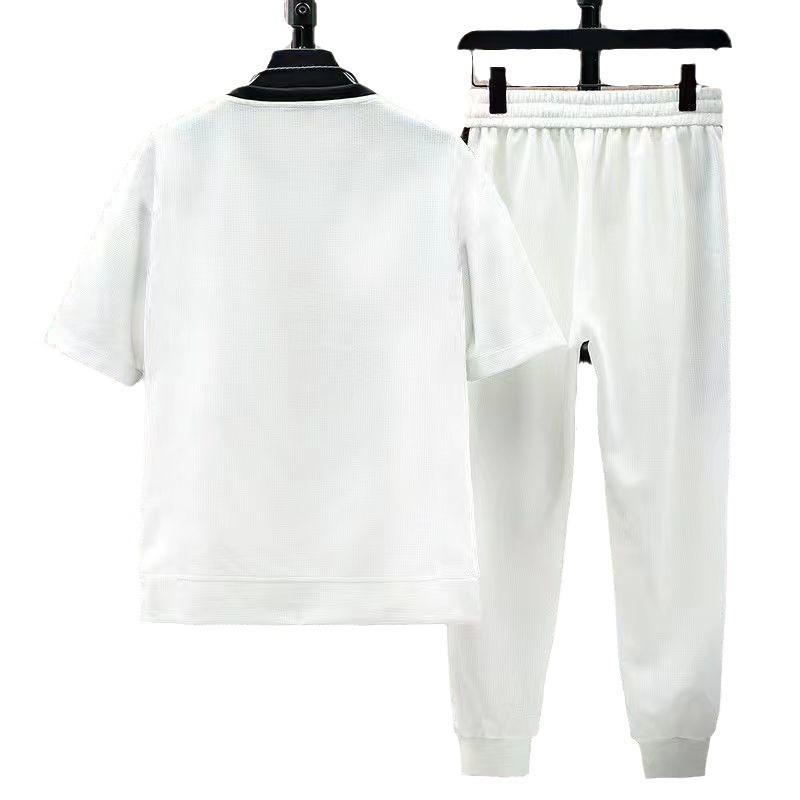 Summer Men's Youth Set Short Sleeve Long Pants Two Piece Breathable Casual Fashion Ice Cool Waffle Sportswear