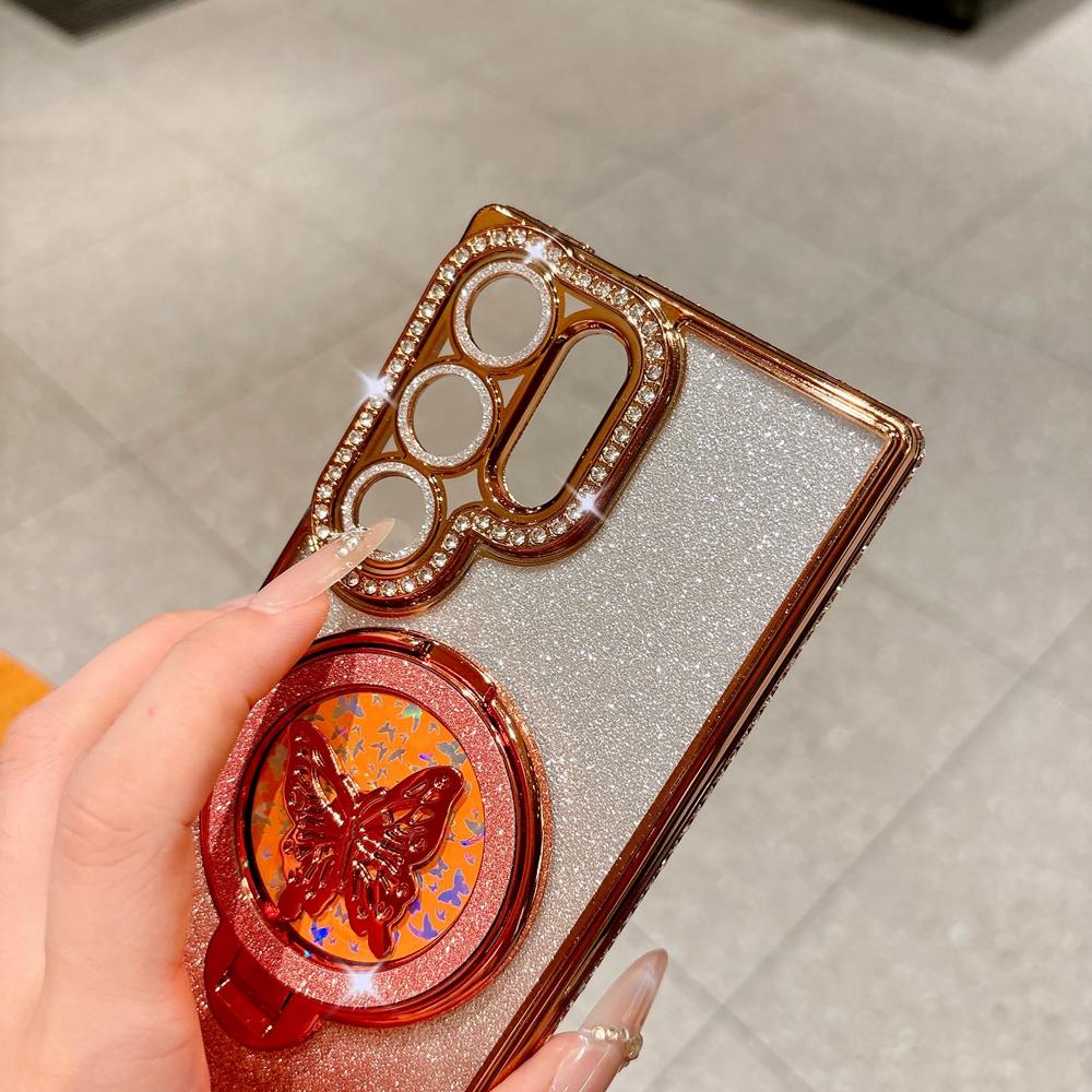 Glitter Diamond Butterfly Bracket Case for Samsung Galaxy S26 S2 Ultra S23 S22 Plus S24 FE A A6 A16 A4 Gradient Stand Cover
