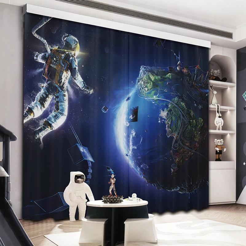 Cartoon High Shading Curtain Children's Room Boy Bedroom Astronaut New Bay Window Sunscreen Blackout Sound Insulation Drape 2Pcs