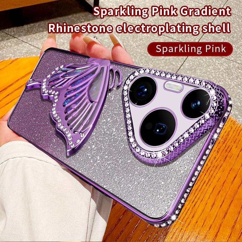 Diamond Glitter Liquid Quicksand Butterfly Phone Holder Case For Huawei Pura 70 P60 P50 Pro Silicone Cover