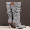 Grey Blue Women Knee High Boots High Stiletto Heel Big Size 50