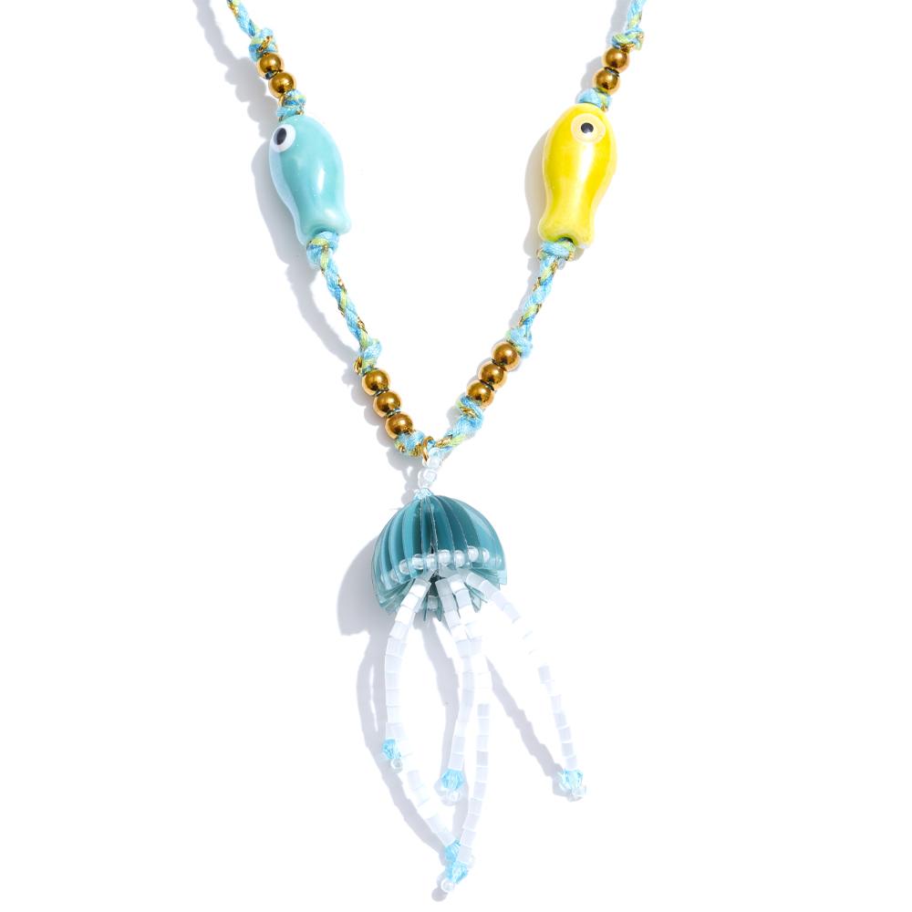 

Yhpup Creative Fashion Ceramic Fish Rope Beads Chain Crystal Jellyfish Pendant Necklace Stainless Steel Handmade Unique Jewelry