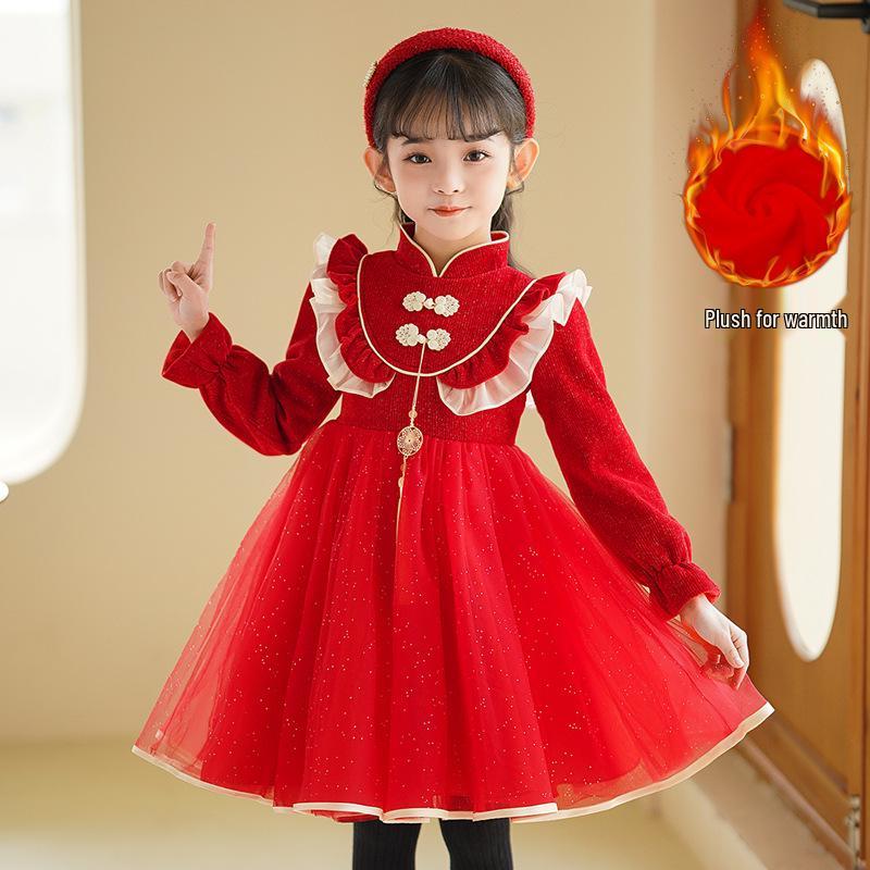 Red Winter Chinese-Style Plush Princess Dress for Girls - New Year's Baby Outfit